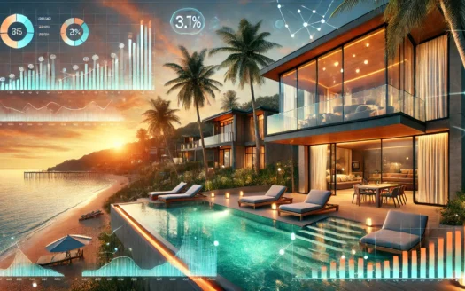 Luxurious beachfront villa in Phuket with market trend overlays, symbolizing property investment insights and expert analysis